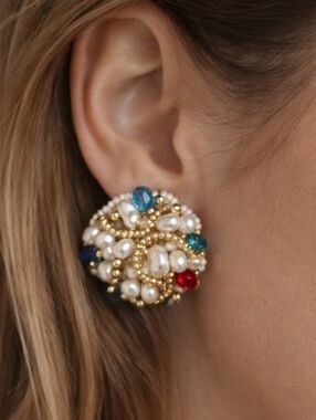 Pearl And Bead Large Cluster Earrings Pierced Ears Retro Glamour Old Hollywood